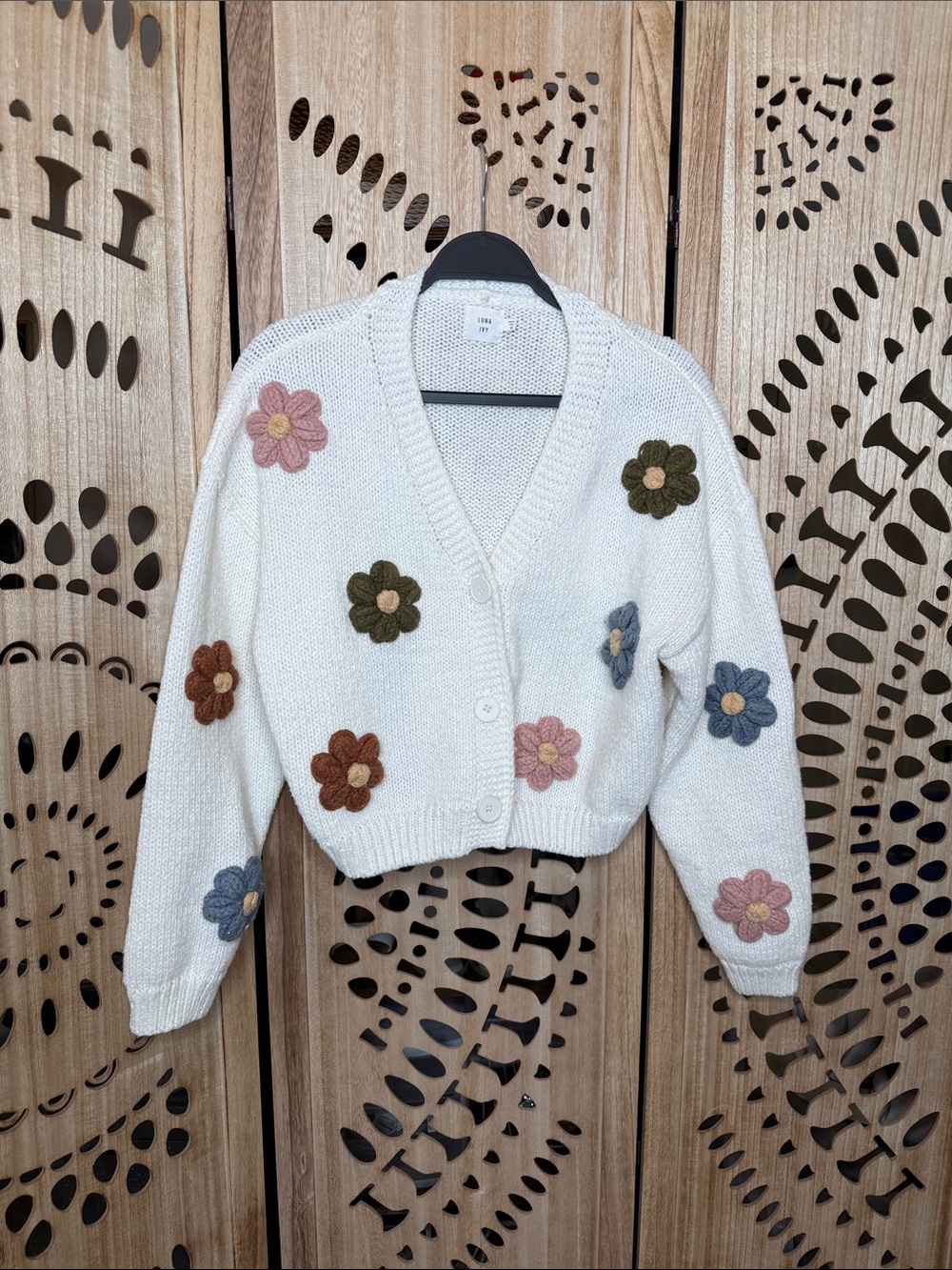 Cropped Cream V-Neck Cardigan with Multicolor Flower Appliqués